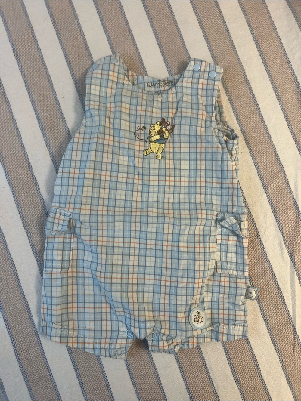 Vintage Disney Winnie the Pooh Pocket Romper in Light Blue 3 months